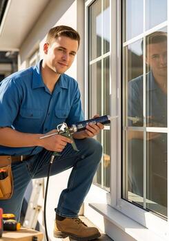 hombre aplicando sellador a un ventana marco foto