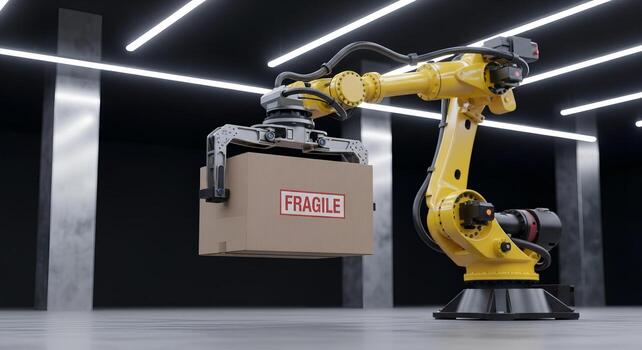 Robotic arm handling a fragile package in a modern warehouse setting. photo