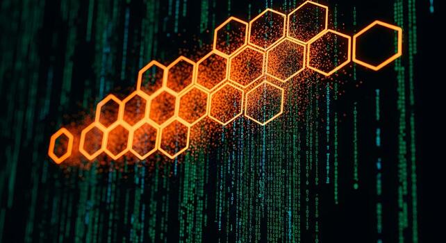 Abstract digital data stream with glowing honeycomb structure photo