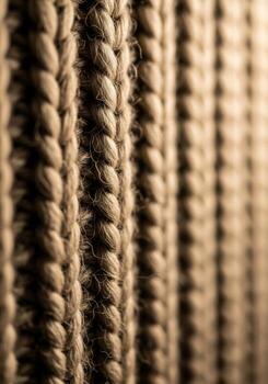 Macro View Beige Wool Knit Texture Fabric Background with Vertical Ribbed Pattern in Warm Light photo
