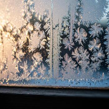 Close Up of Frost Patterns on Window with Golden Sunlight and Water Droplets photo