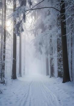 Snowy Forest Path Lined with Tall Trees and Light Filtering Through on a Winter Day photo