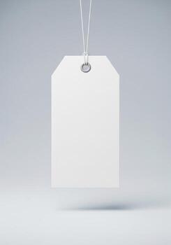 White Cardboard Tag Mockup Hanging on String Against Plain Background photo