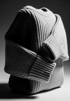 Knitted Wool Sweater Folded In Studio Setting With Soft Lighting In Gray Tone photo