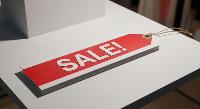 Red Rectangular Sale Tag on White Shelf in Retail Store Setting with Soft Lighting photo