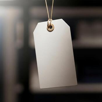 Gray Rectangular Tag Hanging from String in Soft Lighting with Dark Background photo