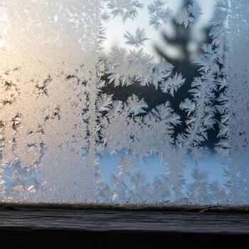 Icy Window with Frost Patterns and Sunlight Highlighting Winter Texture and Cold Weather Effect photo