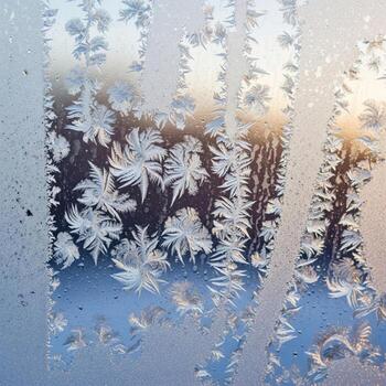 Intricate Frost Patterns on Window Glass with Soft Sunlight in Winter photo