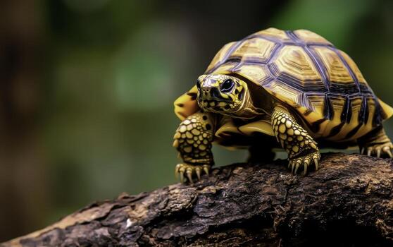 Majestic turtle perched on a log in a lush green habitat showcasing vibrant colors and intricate patterns photo