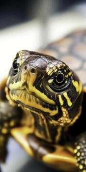 closeup of a Colorful Turtle with Detailed Shell Patterns and Vibrant Eyes in Natural Light photo