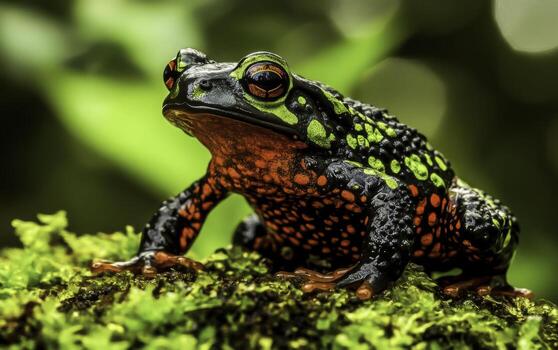 Vibrant Frog with Green and Orange Patterns Sitting on Mossy Surface in Nature's Lush Environment photo