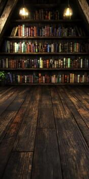 Cozy attic library with colorful books on wooden shelves and warm lighting illuminating the space photo