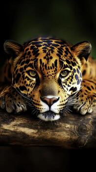 Majestic closeup of a Jaguar Resting on a Log in a Lush Green Environment, Capturing Intricate Details photo