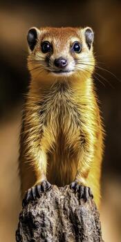 closeup Portrait of Alert and Curious Small Mammal on a Wooden Log in Natural Habitat Setting photo