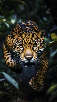 Majestic Leopard Running Through Lush Green Jungle with Intense Gaze and Stunning Fur Patterns photo
