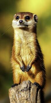 Curious meerkat standing on wooden log with vibrant background colors and sharp focus on animal features photo