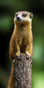 Curious mongoose perched on a tree stump in lush green rainforest habitat looking for food photo