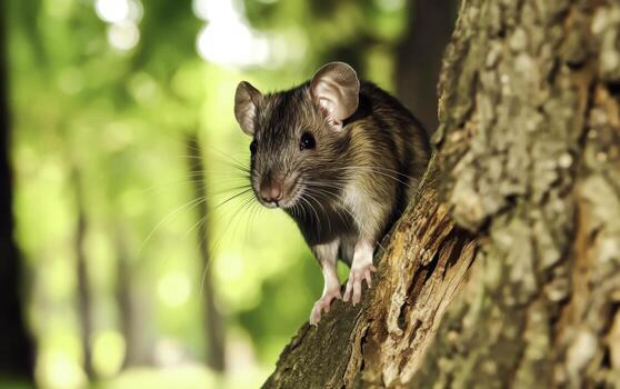 Charismatic brown rodent exploring tree bark in vibrant green forest with soft sunlight filtering through leaves photo