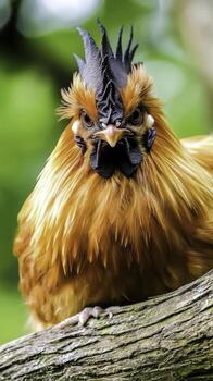 Majestic Ornate Bird with Vibrant Orange Feathers Perched on a Branch in a Green Natural Setting photo