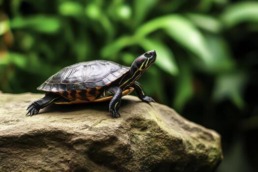 Colorful turtle resting on a rock surrounded by lush greenery in natural habitat setting photo
