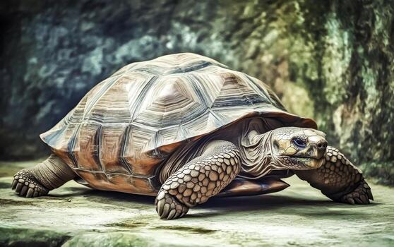 Large tortoise walking on rocky surface with detailed shell patterns and vibrant colors in natural habitat photo
