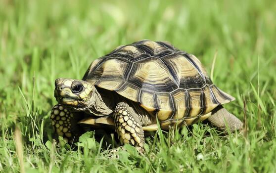 closeup of a Tortoise Walking on Lush Green Grass in Bright Sunlight with Detailed Shell Patterns photo