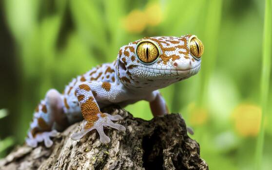 vistoso geco en un Iniciar sesión en lozano verde ambiente con brillante naranja y azul patrones foto