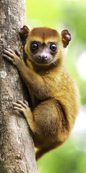 Curious golden-brown monkey climbing a tree in lush greenery with bright eyes and playful expression photo