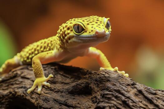 Vibrant closeup of a Leopard Gecko in a Natural Habitat Setting with Colorful Blurred Background photo