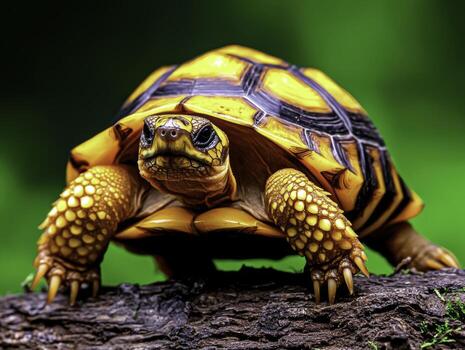 Colorful turtle resting on a log surrounded by vibrant green foliage in natural habitat photo