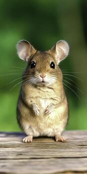 Cute small mouse standing upright on wooden table with blurred green background in nature photo
