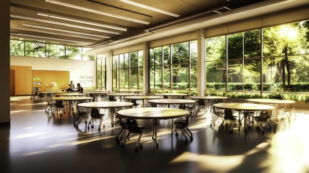 Bright and Airy Classroom with Tables and Chairs, Sunlight Streaming Through Large Windows photo
