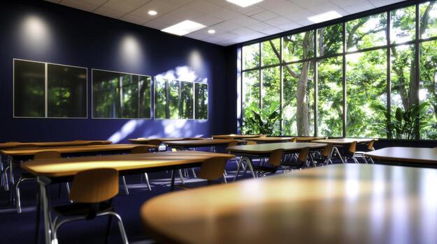 Modern classroom with wooden tables and large windows showing vibrant greenery outside photo