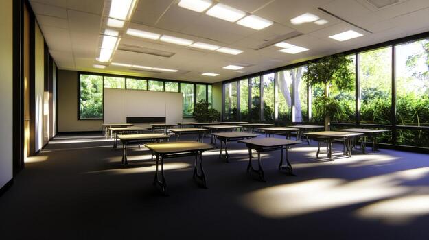 Bright and Spacious Classroom with Natural Light and Greenery in Modern Educational Environment photo