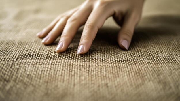 closeup of a Hand Gently Touching Textured Natural Fabric Surface in Soft Lighting photo