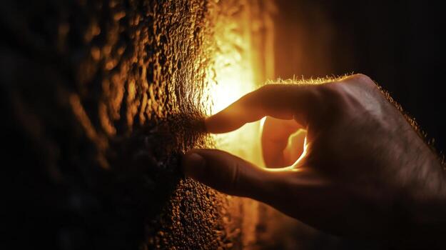 Hand Touching Wall with Warm Light in Background Creating Sense of Connection and Texture photo