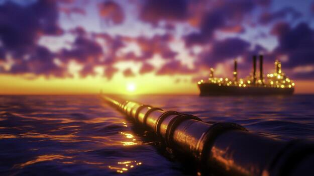 Serene Sunset Over Ocean with Pipeline Leading to Illuminated Ship on the Horizon photo
