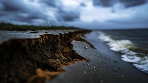 Eroding Shoreline at Dusk with Dramatic Clouds and Gentle Waves Lapping on the Beach photo