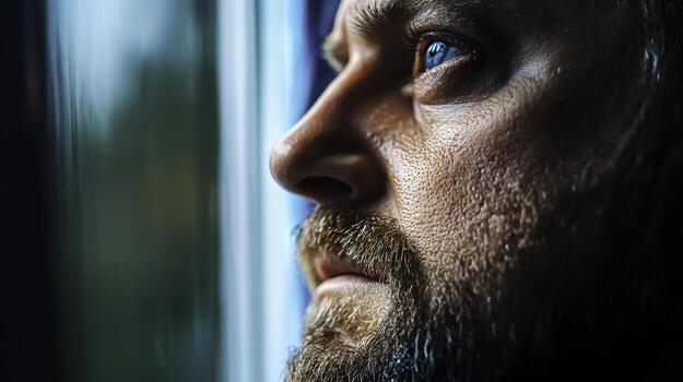 Thoughtful man gazing out the window, reflecting on life and emotions in a moment of quiet contemplation photo