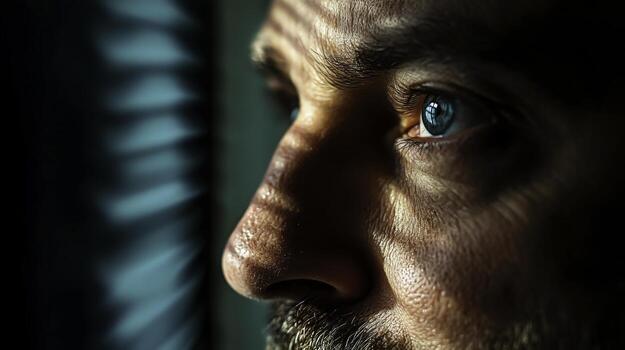 Intense Portrait of a Man Looking Thoughtfully Out a Window with Dramatic Light and Shadow Play photo