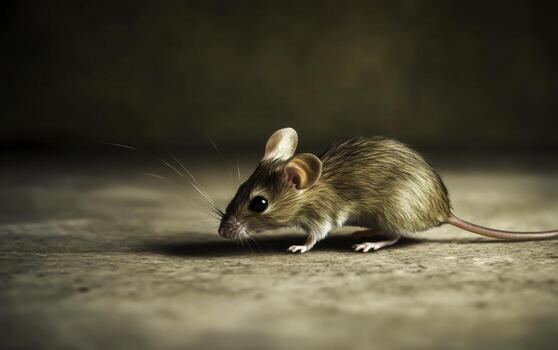 Detailed closeup of a small brown mouse exploring its surroundings on a textured surface photo