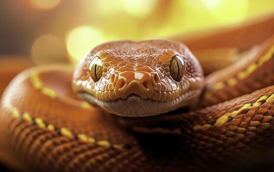 de cerca de vibrante naranja serpiente con brillante ojos en un artístico antecedentes de calentar luces foto