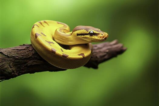 vibrante amarillo serpiente enroscado en rama rodeado por lozano verdor en naturaleza ambiente foto