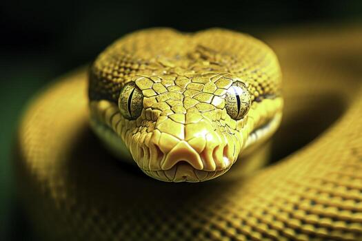 Bright Yellow Snake closeup on a Green Background, Captivating Details of Scales and Eyes photo