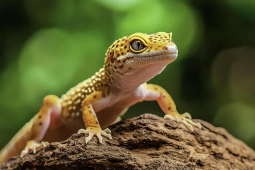 closeup Portrait of a Colorful Leopard Gecko on a Rock in a Lush Green Environment photo
