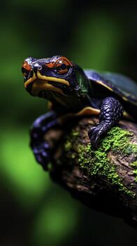 Colorful Turtle on Mossy Log in Lush Green Environment with Beautiful Bokeh Effect photo