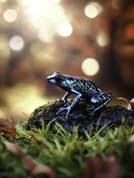 Vibrant Blue Poison Dart Frog on Mossy Log Amidst Autumn Forest Bokeh Background photo