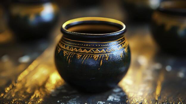 Handcrafted Ceramic Pot with Intricate Patterns and Warm Golden Highlights on Dark Background photo