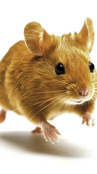 Cute orange mouse with bright eyes running on a white background, focusing on its fluffy fur and attention photo