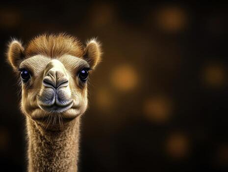 Cute Young Camel Portrait with Soft Fur and Bright Eyes on Blurred Background photo